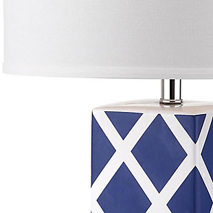 Forever plaid takes on new meaning with this delightful lattice design table lamp. Crafted of navy and white ceramic with a clear acrylic base and a silvertone neck, this graphic pattern is topped with a contemporary off-white drum shade.Set of 2 | Made of ceramic with fabric shade | 1 type a bulb (not included); 40 watts max or cfl 13 watts max | Assembly required | Clean with a soft, dry cloth