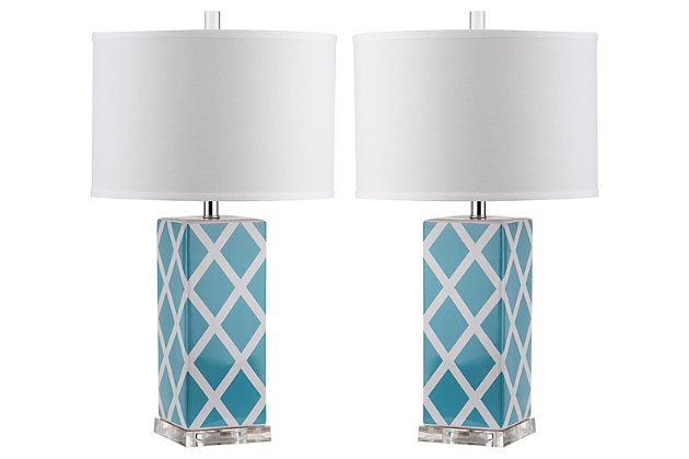 Forever plaid takes on new meaning with this delightful lattice design table lamp. Crafted of light blue and white ceramic with a clear acrylic base and a silvertone neck, this graphic pattern is topped with a contemporary off-white drum shade.Set of 2 | Made of ceramic with fabric shade | 1 type a bulb (not included); 40 watts max or cfl 13 watts max | Assembly required | Clean with a soft, dry cloth
