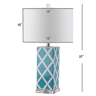 Forever plaid takes on new meaning with this delightful lattice design table lamp. Crafted of light blue and white ceramic with a clear acrylic base and a silvertone neck, this graphic pattern is topped with a contemporary off-white drum shade.Set of 2 | Made of ceramic with fabric shade | 1 type a bulb (not included); 40 watts max or cfl 13 watts max | Assembly required | Clean with a soft, dry cloth