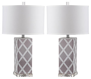 Forever plaid takes on new meaning with this delightful lattice design table lamp. Crafted of gray and white ceramic with a clear acrylic base and a silvertone neck, this graphic pattern is topped with a contemporary off-white drum shade.Set of 2 | Made of ceramic with fabric shade | 1 type a bulb (not included); 40 watts max or cfl 13 watts max | Assembly required | Clean with a soft, dry cloth