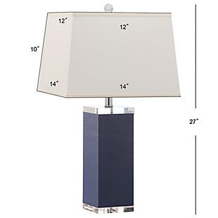 Inspired by a vintage piece perched on the concierge’s desk in one of London's five-star hotels, this table lamp is a modern luxury. An elegant navy finish and a faux leather texture make this a tastemaker favorite.Set of 2 | Made of polyurethane and metal with cotton shade | 1 type a bulb (not included); 40 watts max or cfl 13 watts max | Assembly required | Clean with a soft, dry cloth