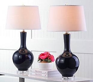 Add a designer aspect to your decor with this traditional gourd-shaped table lamp. Place on either side of a living room armoire for a radiant focal point that speaks to the educated eye or use in the boudoir for an opulent touch.Set of 2 | Made of ceramic with fabric shade | 1 type a bulb (not included); 40 watts max or cfl 13 watts max | Assembly required | Clean with a soft, dry cloth