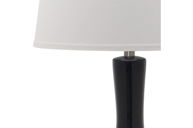 Add a designer aspect to your decor with this traditional gourd-shaped table lamp. Place on either side of a living room armoire for a radiant focal point that speaks to the educated eye or use in the boudoir for an opulent touch.Set of 2 | Made of ceramic with fabric shade | 1 type a bulb (not included); 40 watts max or cfl 13 watts max | Assembly required | Clean with a soft, dry cloth