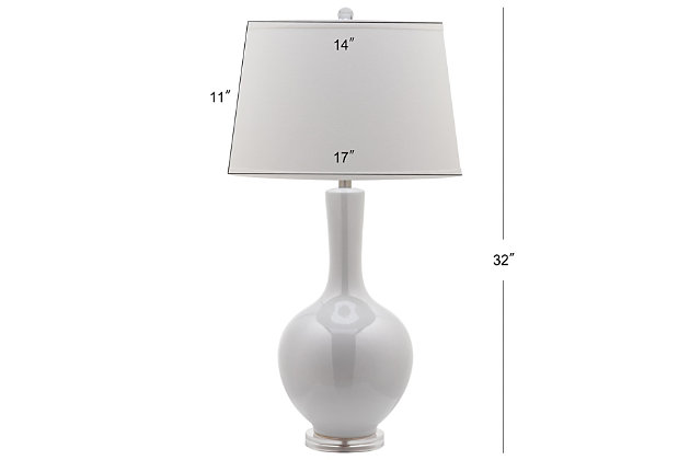 Graceful and curvaceous, the  gourd lamp is sure to illuminate any room with elegance and style.  Its classic body glistens in white glazed ceramic is accented with silver-finished neck and acrylic base, and topped with an off-white cotton drum shade.Set of 2 | Made of ceramic with fabric shade | 1 type a bulb (not included); 40 watts max or cfl 13 watts max | Assembly required | Clean with a soft, dry cloth