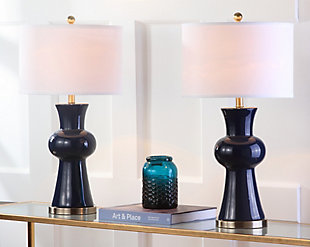 Perk up any room in the house with the young but sophisticated  column lamp. With navy blue ceramic hourglass base cinched in the center and contrasting bronze base and fittings, this colorful set of two lamps is contrasted with crisp off-white shades.Set of 2 | Made of ceramic with fabric shade | 1 type a bulb (not included); 40 watts max or cfl 13 watts max | Assembly required | Clean with a soft, dry cloth