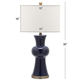 Perk up any room in the house with the young but sophisticated  column lamp. With navy blue ceramic hourglass base cinched in the center and contrasting bronze base and fittings, this colorful set of two lamps is contrasted with crisp off-white shades.Set of 2 | Made of ceramic with fabric shade | 1 type a bulb (not included); 40 watts max or cfl 13 watts max | Assembly required | Clean with a soft, dry cloth