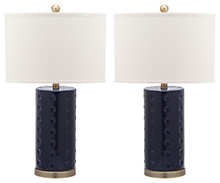 Infinitely versatile and adaptable to a myriad of decorating styles, this textural table lamp features the iconic column design in a navy finish. Updated with an acrylic base and a shade in white cotton, it creates a focal point in any room.Set of 2 | Made of ceramic with fabric shade | 1 type a bulb (not included); 40 watts max or cfl 13 watts max | Assembly required | Clean with a soft, dry cloth