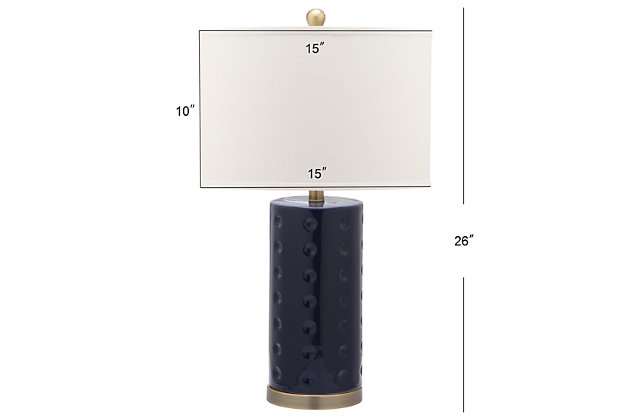 Infinitely versatile and adaptable to a myriad of decorating styles, this textural table lamp features the iconic column design in a navy finish. Updated with an acrylic base and a shade in white cotton, it creates a focal point in any room.Set of 2 | Made of ceramic with fabric shade | 1 type a bulb (not included); 40 watts max or cfl 13 watts max | Assembly required | Clean with a soft, dry cloth