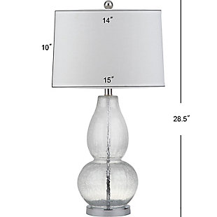The classic double gourd lamp is dressed up with an elegant crackle glass effect. Accented with chrome-tone fittings, this lamp is topped with an elegant drum shade for a designer look in transitional rooms.Set of 2 | Made of glass with fabric shade | 1 type a bulb (not included); 40 watts max or cfl 13 watts max | Assembly required | Clean with a soft, dry cloth