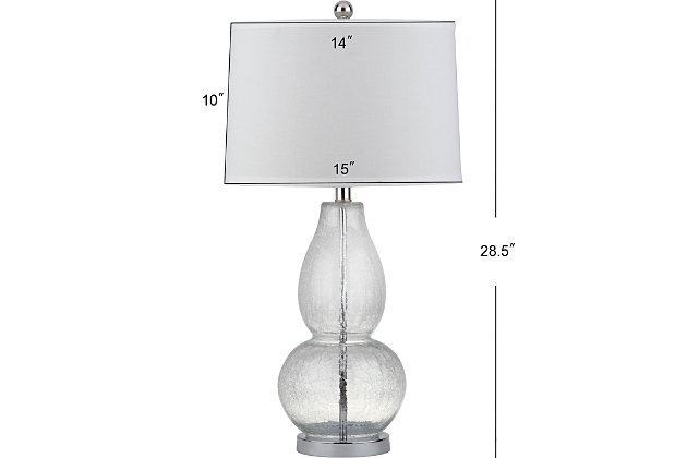 The classic double gourd lamp is dressed up with an elegant crackle glass effect. Accented with chrome-tone fittings, this lamp is topped with an elegant drum shade for a designer look in transitional rooms.Set of 2 | Made of glass with fabric shade | 1 type a bulb (not included); 40 watts max or cfl 13 watts max | Assembly required | Clean with a soft, dry cloth