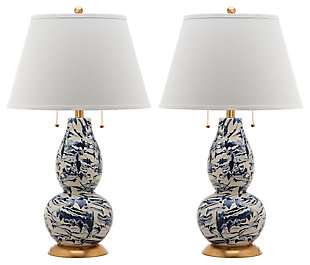 Gourd Shaped Color Swirls Glass Table Lamp (Set of 2), White/Navy, large