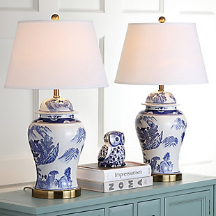 Inspired by antique Chinese porcelain ginger jars, this artisan table lamp adds a classic touch to traditional rooms. Crafted of ceramic in blue and white, it's topped with a textured cotton shadeSet of 2 | Made of ceramic with cotton shade | 1 type a bulb (not included); 40 watts max or cfl 13 watts max | Assembly required | Clean with a soft, dry cloth