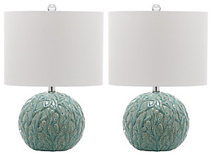 Lifelike branching coral in light blue encircles the bold round form of this table lamp. Artfully crafted of glazed ceramic, the organic design features a textured white cotton drum shade.Set of 2 | Made of ceramic with cotton shade | 1 type a bulb (not included); 40 watts max or cfl 13 watts max | Assembly required | Clean with a soft, dry cloth