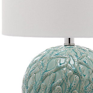 Lifelike branching coral in light blue encircles the bold round form of this table lamp. Artfully crafted of glazed ceramic, the organic design features a textured white cotton drum shade.Set of 2 | Made of ceramic with cotton shade | 1 type a bulb (not included); 40 watts max or cfl 13 watts max | Assembly required | Clean with a soft, dry cloth