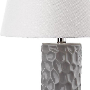 Infinitely versatile and adaptable to a myriad of decorating styles, this textural table lamp features the iconic column design in a gray finish. Updated with an acrylic base and a shade in white textured cotton, it creates a focal point in any room.Set of 2 | Made of ceramic with cotton shade | 1 type a bulb (not included); 40 watts max or cfl 13 watts max | Assembly required | Clean with a soft, dry cloth