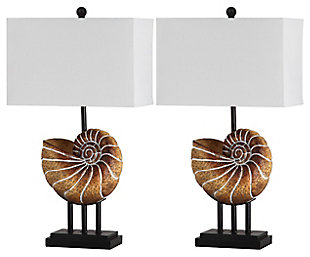 Natural choice. Reveal your inner connoisseur with the couture aesthetic of this shell table lamp. Illuminated with a rectangular white cotton shade, the sinuous curves of the light brown resin base recall 18th century museum specimens.Set of 2 | Made of resin with cotton shade | 1 type a bulb (not included); 40 watts max or cfl 13 watts max | Assembly required | Clean with a soft, dry cloth