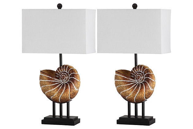 Natural choice. Reveal your inner connoisseur with the couture aesthetic of this shell table lamp. Illuminated with a rectangular white cotton shade, the sinuous curves of the light brown resin base recall 18th century museum specimens.Set of 2 | Made of resin with cotton shade | 1 type a bulb (not included); 40 watts max or cfl 13 watts max | Assembly required | Clean with a soft, dry cloth