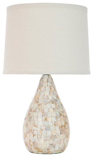 Fresh as an ocean breeze, this shell lamp adds just the right touch of glimmer beside a sumptuously decorated bed, or sophisticated sofa or chair. Crafted of natural capiz shell, the teardrop base is accented with a silvertone neck and an ivory cotton shade.Made of shell and resin with cotton shade | 1 type a bulb (not included); 40 watts max or cfl 13 watts max | Assembly required | Clean with a soft, dry cloth