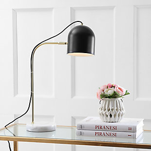 Designed to shine light exactly where it’s needed, this contemporary table lamp is a new classic. Inspired by the home of an art curator, a white marble base supports a sleek black and goldtone body. Possessing perfect proportions, use it to highlight small spaces in the living room, bedroom or home office.Made of marble and iron with metal shade | 1 type a bulb (not included); 60 watts max or cfl 13 watts max or led 9 watts | Assembly required | Clean with a soft, dry cloth