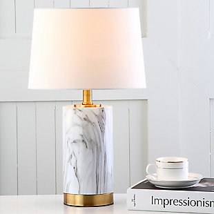 A luxurious resort in Mykonos inspired this contemporary marble lamp. Crafted with sleek white and black marble, brass-tone accents add warmth and dimension. Ideal for the living room or bedroom, designers love to use them in pairs.Made of marble and metal with cotton shade | 1 type a bulb (not included); 40 watts max or cfl 13 watts max or led 9 watts | Assembly required | Clean with a soft, dry cloth