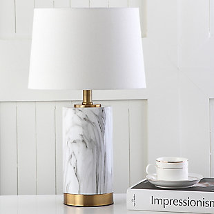 A luxurious resort in Mykonos inspired this contemporary marble lamp. Crafted with sleek white and black marble, brass-tone accents add warmth and dimension. Ideal for the living room or bedroom, designers love to use them in pairs.Made of marble and metal with cotton shade | 1 type a bulb (not included); 40 watts max or cfl 13 watts max or led 9 watts | Assembly required | Clean with a soft, dry cloth