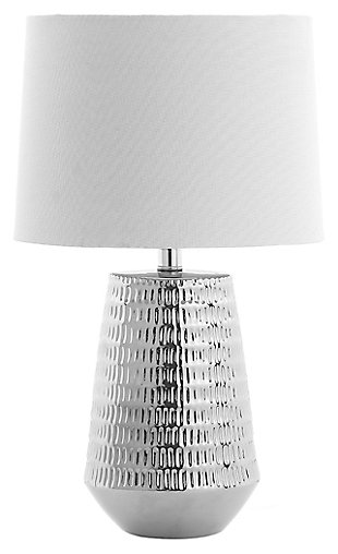Inspired by the work of modern sculptors, this contemporary table lamp brings high style to the living room. Crafted with a subtle, delicate texture, its bold silvertone finish is refreshing and light. The tapered shade casts a welcoming glow.Made of ceramic with cotton shade | 1 type a bulb (not included); 40 watts max or cfl 13 watts max or led 9 watts | Assembly required | Clean with a soft, dry cloth