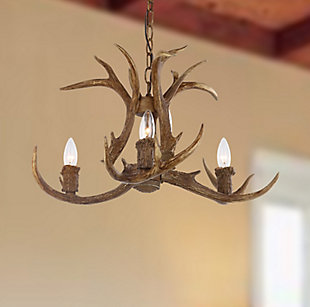 This nature-inspired antler chandelier brings rustic modern style to any living room, dining room or foyer. Crafted with iron and resin, its faux antlers add an abundance of unique character. A designer favorite.Made of iron and resin | Brown finish | 3 type b bulbs; 40-watt max or cfl bulbs; 9-watt max | Wipe with a soft, dry cloth; avoid use of chemicals and household cleaners as they may damage finish | Hardwired fixture; professional installation recommended | Assembly required