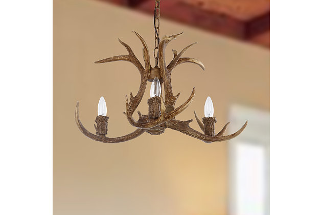 This nature-inspired antler chandelier brings rustic modern style to any living room, dining room or foyer. Crafted with iron and resin, its faux antlers add an abundance of unique character. A designer favorite.Made of iron and resin | Brown finish | 3 type b bulbs; 40-watt max or cfl bulbs; 9-watt max | Wipe with a soft, dry cloth; avoid use of chemicals and household cleaners as they may damage finish | Hardwired fixture; professional installation recommended | Assembly required