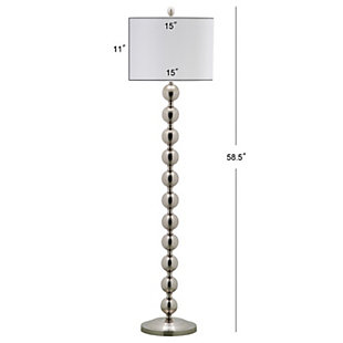 The homes and movie sets of Old Hollywood inspired this posh stacked-ball floor lamp. Its shining nickel-tone base and white cotton drum shade add instant glamour to any interior.Made of metal with fabric shade | Nickel-tone finish | 1 spiral CFL E-26; 13-watt max bulb | On/off switch | Wipe with a soft, dry cloth; avoid use of chemicals and household cleaners as they may damage finish | Assembly required
