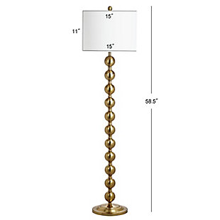 The homes and movie sets of Old Hollywood inspired this posh stacked-ball floor lamp. Its shining brass-tone base and white cotton drum shade add instant glamour to any interior.Made of metal with fabric shade | Aged brass-tone finish | 1 spiral CFL E-26; 13-watt max bulb | On/off switch | Wipe with a soft, dry cloth; avoid use of chemicals and household cleaners as they may damage finish | Assembly required