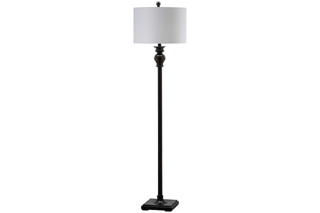 Dressed to the nines, this floor lamp was inspired by the lavish lifestyle of the Great Gatsby era. Crafted with a dapper ebony-finished metal base and topped with a white cotton drum shade, this floor lamp is a debonair addition to any room.Made of metal with fabric shade | Black finish | 1 spiral CFL E-26; 13-watt max bulb | On/off switch | Wipe with a soft, dry cloth; avoid use of chemicals and household cleaners as they may damage finish | Assembly required