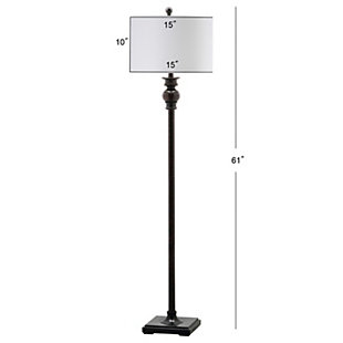 Dressed to the nines, this floor lamp was inspired by the lavish lifestyle of the Great Gatsby era. Crafted with a dapper ebony-finished metal base and topped with a white cotton drum shade, this floor lamp is a debonair addition to any room.Made of metal with fabric shade | Black finish | 1 spiral CFL E-26; 13-watt max bulb | On/off switch | Wipe with a soft, dry cloth; avoid use of chemicals and household cleaners as they may damage finish | Assembly required