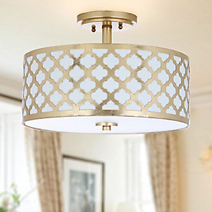 Elevate the style of any space with this modern flush mount ceiling lamp. Inspired by the interior of the Upper East Side’s most prominent designer, the luxe curves of its quatrefoil design are finished in goldtone for instant opulence.Made of metal and acrylic | Goldtone finish | 3 type b bulbs; 40-watt max or cfl bulbs; 9-watt max | Wipe with a soft, dry cloth; avoid use of chemicals and household cleaners as they may damage finish | Hardwired fixture; professional installation recommended | Assembly required