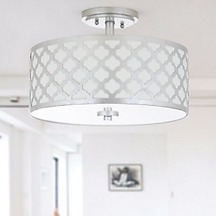 Elevate the style of any space with this modern flush mount ceiling lamp. Inspired by the interior of the Upper East Side’s most prominent designer, the luxe curves of its quatrefoil design are finished in silvertone for instant opulence.Made of metal and acrylic | Silvertone finish | 3 type b bulbs; 40-watt max or cfl bulbs; 9-watt max | Wipe with a soft, dry cloth; avoid use of chemicals and household cleaners as they may damage finish | Hardwired fixture; professional installation recommended | Assembly required