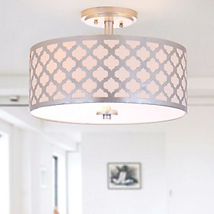 Elevate the style of any space with this modern flush mount ceiling lamp. Inspired by the interior of the Upper East Side’s most prominent designer, the luxe curves of its quatrefoil design are finished in silvertone for instant opulence.Made of metal and acrylic | Silvertone finish | 3 type b bulbs; 40-watt max or cfl bulbs; 9-watt max | Wipe with a soft, dry cloth; avoid use of chemicals and household cleaners as they may damage finish | Hardwired fixture; professional installation recommended | Assembly required