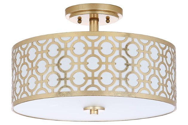 Designed to recall the luxurious Beverly Hills hideaways of Old Hollywood’s elite, this decadent modern flush mount ceiling lamp is the star of any space. Its delicately carved pattern boasts a goldtone finish for instant drama.Made of metal and acrylic | Goldtone finish | 3 type b bulbs; 40-watt max or cfl bulbs; 9-watt max | Wipe with a soft, dry cloth; avoid use of chemicals and household cleaners as they may damage finish | Hardwired fixture; professional installation recommended | Assembly required