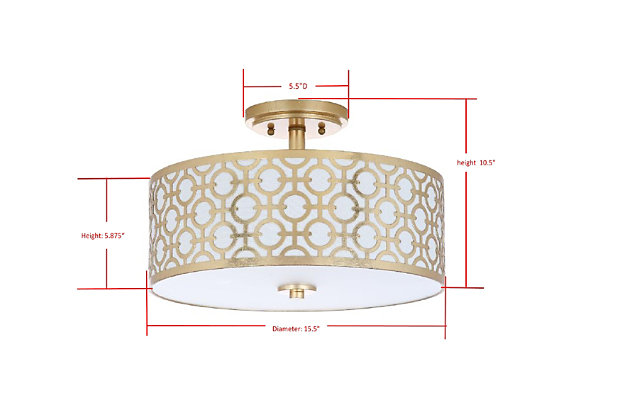Designed to recall the luxurious Beverly Hills hideaways of Old Hollywood’s elite, this decadent modern flush mount ceiling lamp is the star of any space. Its delicately carved pattern boasts a goldtone finish for instant drama.Made of metal and acrylic | Goldtone finish | 3 type b bulbs; 40-watt max or cfl bulbs; 9-watt max | Wipe with a soft, dry cloth; avoid use of chemicals and household cleaners as they may damage finish | Hardwired fixture; professional installation recommended | Assembly required
