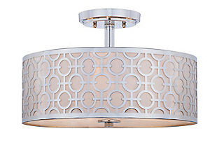 Designed to recall the luxurious Beverly Hills hideaways of Old Hollywood’s elite, this decadent modern flush mount ceiling lamp is the star of any space. Its delicately carved pattern boasts a chrome-tone finish for instant drama.Made of metal and acrylic | Chrome-tone finish | 3 type b bulbs; 40-watt max or cfl bulbs; 9-watt max | Wipe with a soft, dry cloth; avoid use of chemicals and household cleaners as they may damage finish | Hardwired fixture; professional installation recommended | Assembly required