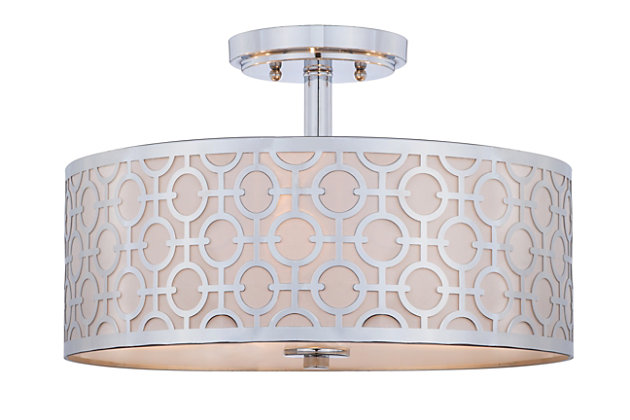 Designed to recall the luxurious Beverly Hills hideaways of Old Hollywood’s elite, this decadent modern flush mount ceiling lamp is the star of any space. Its delicately carved pattern boasts a chrome-tone finish for instant drama.Made of metal and acrylic | Chrome-tone finish | 3 type b bulbs; 40-watt max or cfl bulbs; 9-watt max | Wipe with a soft, dry cloth; avoid use of chemicals and household cleaners as they may damage finish | Hardwired fixture; professional installation recommended | Assembly required