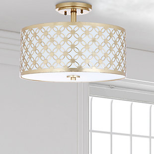 A lighting retrospective held at Italy’s foremost design museum inspired this contemporary flush mount ceiling lamp. Its goldtone finish highlights a vintage pattern, bringing an interplay of shadow and light to any interior.Made of metal and acrylic | Goldtone finish | 3 type b bulbs; 40-watt max or cfl bulbs; 9-watt max | Wipe with a soft, dry cloth; avoid use of chemicals and household cleaners as they may damage finish | Hardwired fixture; professional installation recommended | Assembly required