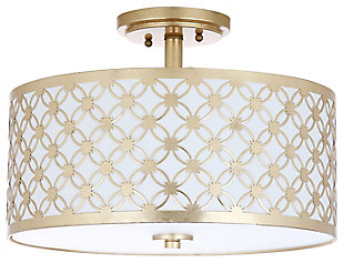 A lighting retrospective held at Italy’s foremost design museum inspired this contemporary flush mount ceiling lamp. Its goldtone finish highlights a vintage pattern, bringing an interplay of shadow and light to any interior.Made of metal and acrylic | Goldtone finish | 3 type b bulbs; 40-watt max or cfl bulbs; 9-watt max | Wipe with a soft, dry cloth; avoid use of chemicals and household cleaners as they may damage finish | Hardwired fixture; professional installation recommended | Assembly required