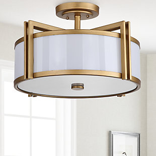 Classic lines influenced by Arts & Crafts style define this ceiling light as a stylish addition to a hall or kitchen. This handsome fixture combines a cream acrylic drum shade with a straight-lined metal body and trim in goldtone finished steel for a well-edited effect.Flush-mount pendant light | Made of metal and acrylic | Aged goldtone finish | 3 type a bulbs; 60-watt max or cfl bulbs; 13-watt max | Wipe with a soft, dry cloth; avoid use of chemicals and household cleaners as they may damage finish | Hardwired fixture; professional installation recommended | Assembly required
