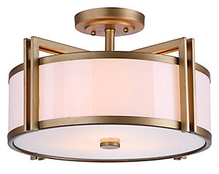 Classic lines influenced by Arts & Crafts style define this ceiling light as a stylish addition to a hall or kitchen. This handsome fixture combines a cream acrylic drum shade with a straight-lined metal body and trim in goldtone finished steel for a well-edited effect.Flush-mount pendant light | Made of metal and acrylic | Aged goldtone finish | 3 type a bulbs; 60-watt max or cfl bulbs; 13-watt max | Wipe with a soft, dry cloth; avoid use of chemicals and household cleaners as they may damage finish | Hardwired fixture; professional installation recommended | Assembly required