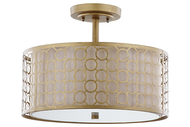 A distinctive marriage of a cream fabric shade with geometric-patterned laser cut steel in antiqued goldtone finish, this ceiling light showcases the glamorous drum shade-within-a-shade trend. It’s an ideal look for a transitional kitchen, bedroom or hall.Flush-mount pendant light | Made of metal with fabric shade | Goldtone finish | 3 type a bulbs; 60-watt max or cfl bulbs; 13-watt max | Wipe with a soft, dry cloth; avoid use of chemicals and household cleaners as they may damage finish | Hardwired fixture; professional installation recommended | Assembly required