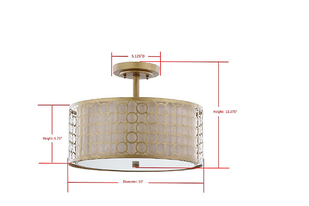 A distinctive marriage of a cream fabric shade with geometric-patterned laser cut steel in antiqued goldtone finish, this ceiling light showcases the glamorous drum shade-within-a-shade trend. It’s an ideal look for a transitional kitchen, bedroom or hall.Flush-mount pendant light | Made of metal with fabric shade | Goldtone finish | 3 type a bulbs; 60-watt max or cfl bulbs; 13-watt max | Wipe with a soft, dry cloth; avoid use of chemicals and household cleaners as they may damage finish | Hardwired fixture; professional installation recommended | Assembly required