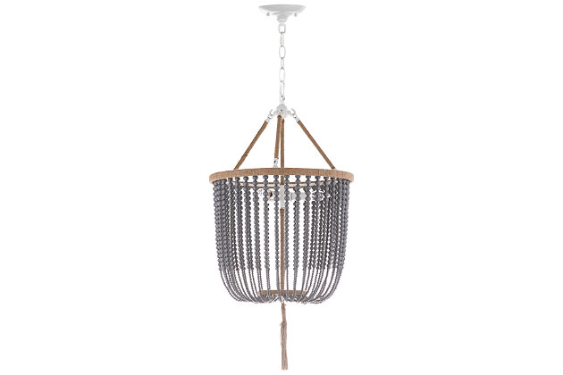 Inspired by the handcrafted vessels in Budapest’s top luxury hotel, this adjustable 3-light beaded pendant lamp radiates chic boho style. Its posh strands create informal elegance ideal for any taste, and its luxe tassel makes it a designer must-have.Pendant light | Made of metal and acrylic | White finish with rope detail and gray acrylic bead accents | 3 type b bulbs; 40-watt max or cfl bulbs; 9-watt max | Wipe with a soft, dry cloth; avoid use of chemicals and household cleaners as they may damage finish | Hardwired fixture; professional installation recommended | Assembly required
