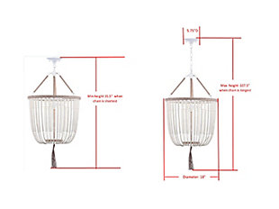 Inspired by the handcrafted vessels in Budapest’s top luxury hotel, this adjustable 3-light beaded pendant lamp radiates chic boho style. Its posh strands create informal elegance ideal for any taste, and its luxe tassel makes it a designer must-have.Pendant light | Made of metal and acrylic | White finish with rope detail and gray acrylic bead accents | 3 type b bulbs; 40-watt max or cfl bulbs; 9-watt max | Wipe with a soft, dry cloth; avoid use of chemicals and household cleaners as they may damage finish | Hardwired fixture; professional installation recommended | Assembly required