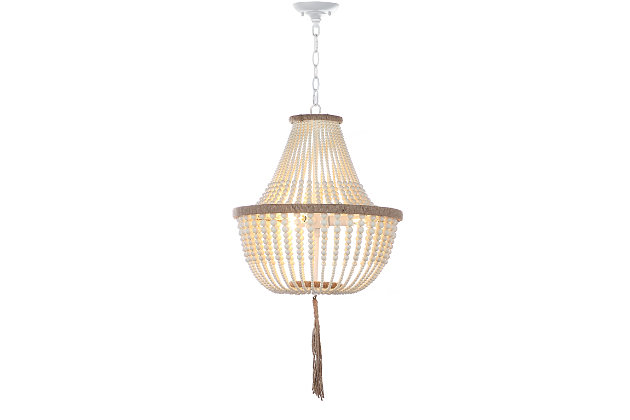 Created to honor the lighting vessels in New York’s top decorative arts museum, this 3-light adjustable pendant lamp is a work of art. Brilliant strands of cream beads bring crucial color to the contemporary home while its tassel creates instant luxury.Pendant light | Made of metal and acrylic | White finish with rope and cream acrylic bead accents | 3 type b bulbs; 40-watt max or cfl bulbs; 9-watt max | Wipe with a soft, dry cloth; avoid use of chemicals and household cleaners as they may damage finish | Hardwired fixture; professional installation recommended | Assembly required