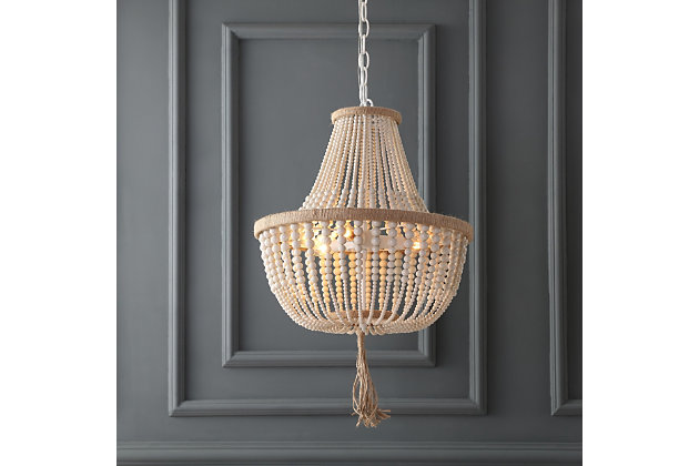 Created to honor the lighting vessels in New York’s top decorative arts museum, this 3-light adjustable pendant lamp is a work of art. Brilliant strands of cream beads bring crucial color to the contemporary home while its tassel creates instant luxury.Pendant light | Made of metal and acrylic | White finish with rope and cream acrylic bead accents | 3 type b bulbs; 40-watt max or cfl bulbs; 9-watt max | Wipe with a soft, dry cloth; avoid use of chemicals and household cleaners as they may damage finish | Hardwired fixture; professional installation recommended | Assembly required