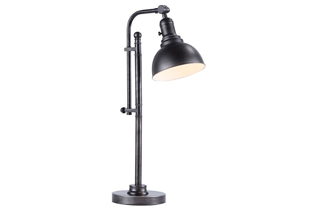 Style builds on itself. This table lamp’s simplistic design and black metal frame merge so well with many different decor schemes. Layer your likes to create a space that’s uniquely you and let this sleek lamp be the guiding light.Made of steel | Antiqued silvertone finish with black metal shade | On/off switch on the base | Requires one 60-watt bulb (not included) | Adjustable height | Indoor use only | Ul listed | Assembly required